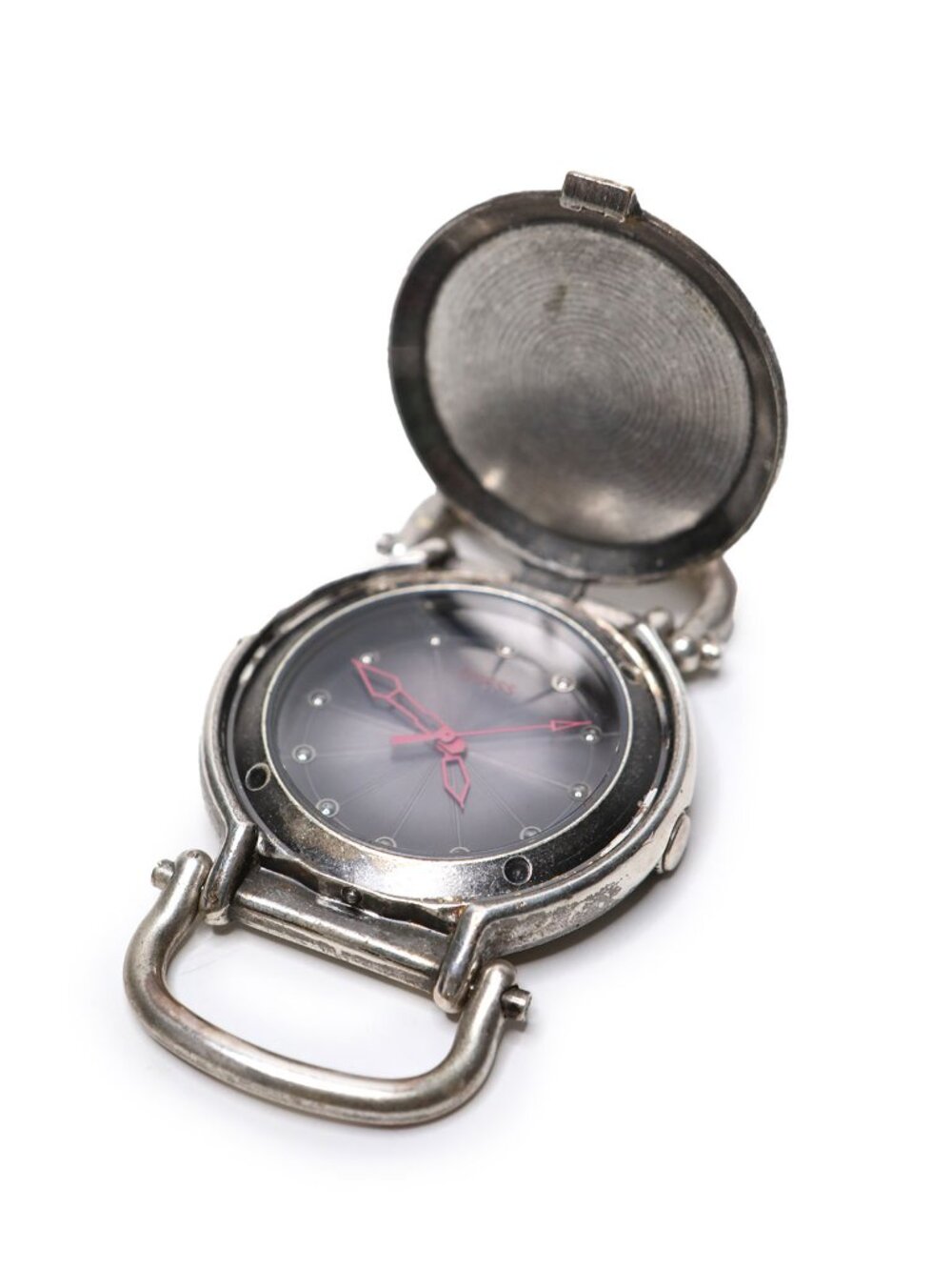 Vintage Guess Silver Tone Flip Top Pocket Watch Red Hands Japan Movt New Battery